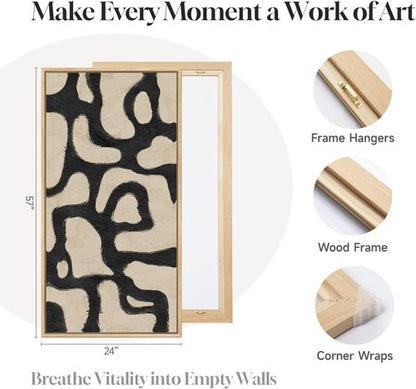Framed Neutral Abstract Wall Art - Extra Large Black & Beige Canvas Print | Modern Mid-Century Decor 30x60 Inch