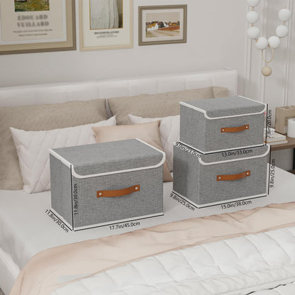 Yawinhe Collapsible Storage Bin, Cube Organizer Basket, Fabric Box with Lids, Washable and Leather Handle, for Home, Closet, Grey, 15.0''Lx9.8''Wx9.8''H, 5-Pack, USNK024GL-5