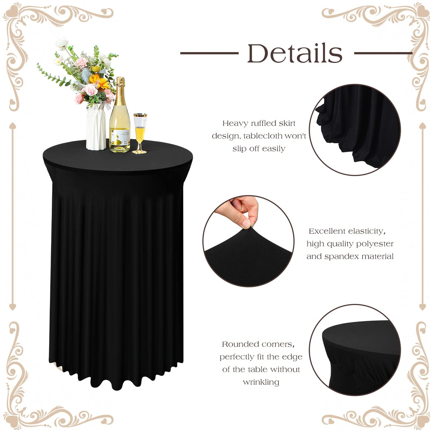 Tegeme 4 Packs Round Spandex Cocktail Tablecloths with Skirt 32 x 43 Inch Cocktail Round Table Cover Spandex Stretch Square Tablecloth Skirt for Table Bar Wedding Party Banquet (Black)