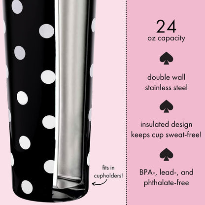 kate spade new york Cute Stainless Steel Mug, 24 Ounce Travel Tumbler, Double Wall Insulated Cup with Lid, Picture Dot (Black/White)