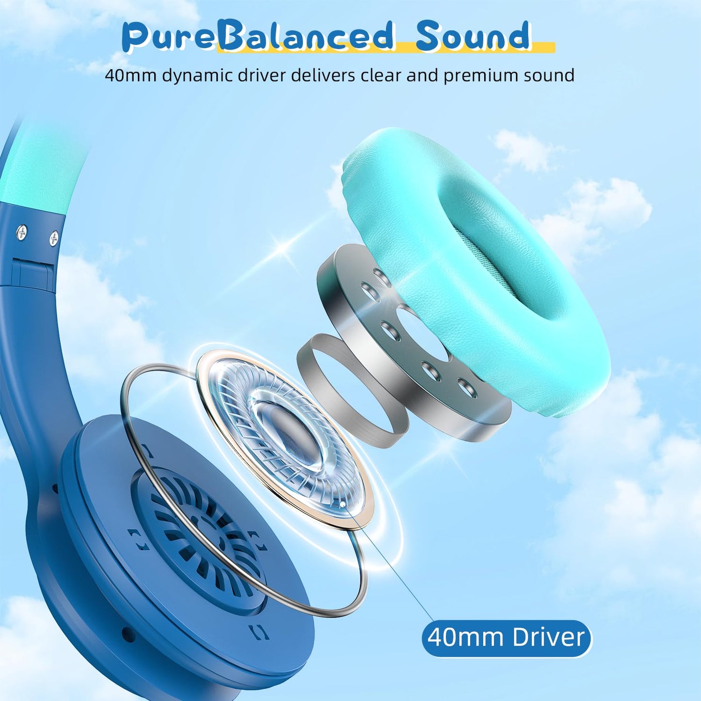 Candy Bila Kids Bluetooth 6.0 Headphones with LED Light, 85Hours Playtimes, Type-C Fast Charging, 85/94dB Volume Limited, Comfort Wireless Headphones with Built-in Mic, Wired & TF Card Mode, Blue