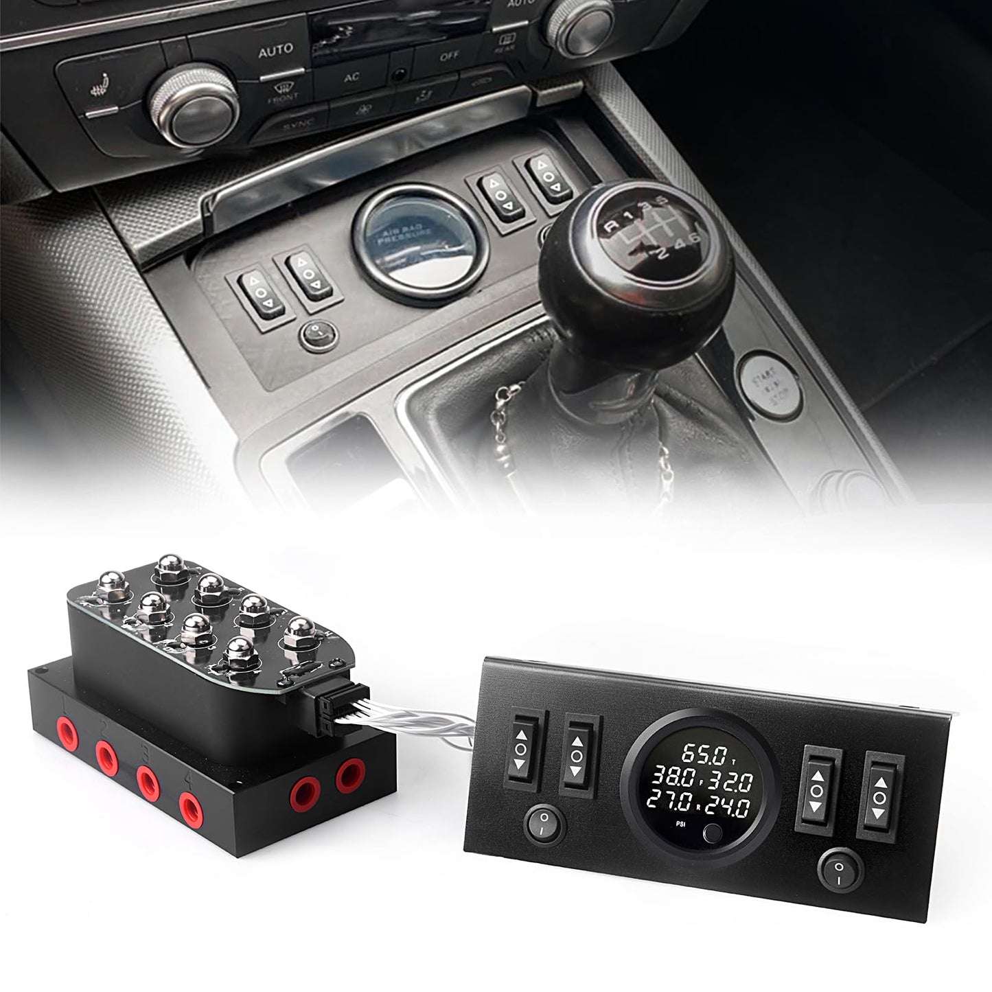 New Upgrade 12V Solenoid 8-Valve Air Ride Suspension Manifold Valve with Simplify Control Panel Ship Type Switch, Equipped with Five Display air Pressure Gauge White