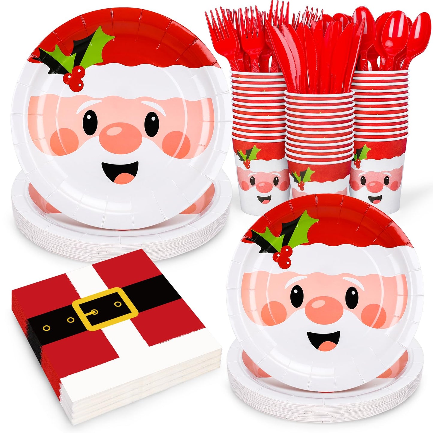 Whaline 175Pcs Christmas Party Tableware Set 7 and 9 Inch Santa Claus Paper Plates 6.5 Inch Santa Belts Napkins Cute Xmas Disposable Cups and Red Fork Spoon Knife Kit for Xmas Holiday Dinner Supplies
