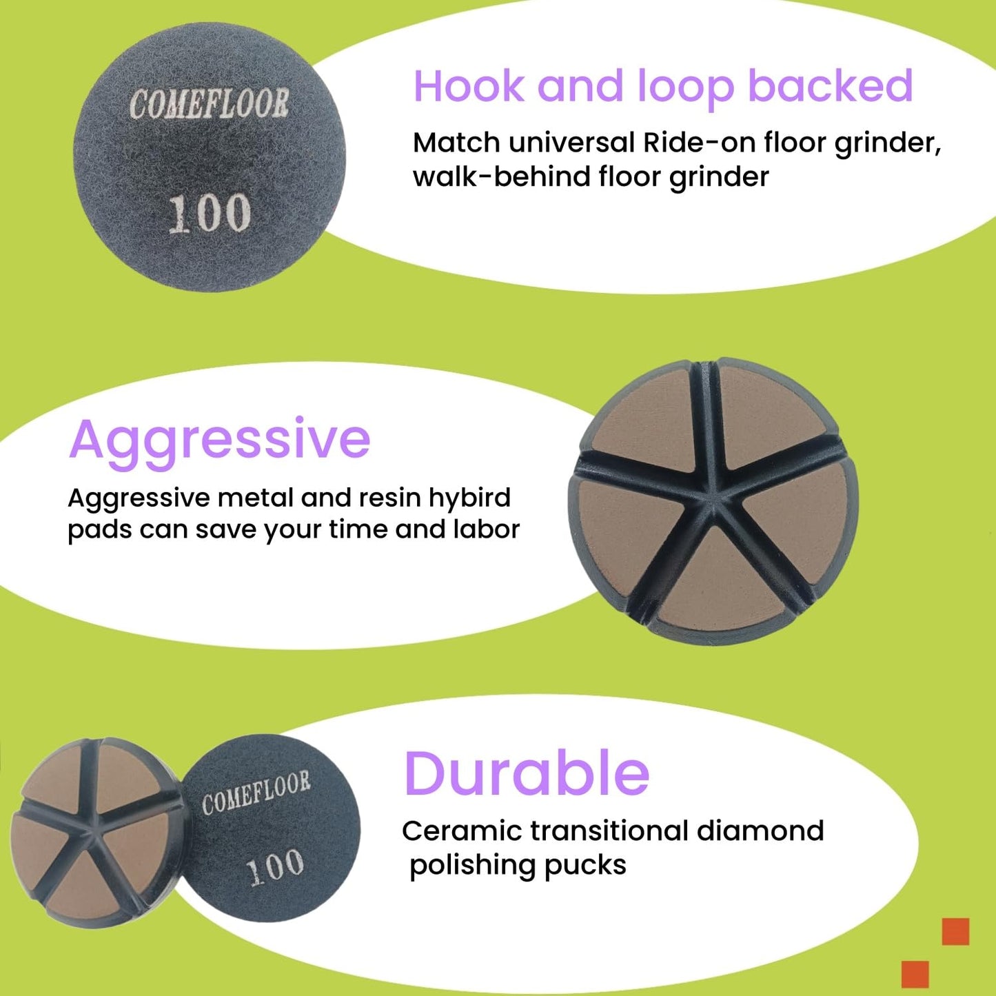 Diamond Ceramic Transitional Diamond Hybrid Polishing Pucks for Concrete Terrazzo Floor, 3 Inch Hook and Loop Grinding Pads, 100# 9PCS Thickened Version