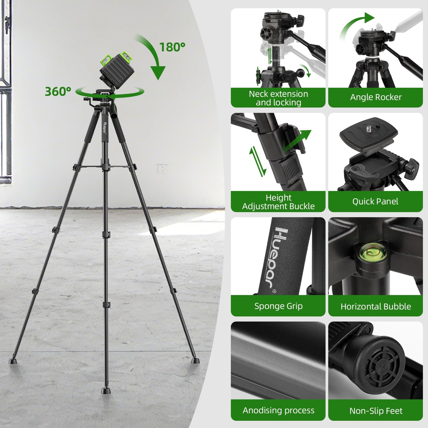 Laser Level 360 Self Leveling with 50" Tripod, Huepar 3x360° High Brightness Green Laser Leveler Tool for Construction, Tile and Picture Hanging, 5200 mAh Li-ion Battery & 2 Portable Bag Included