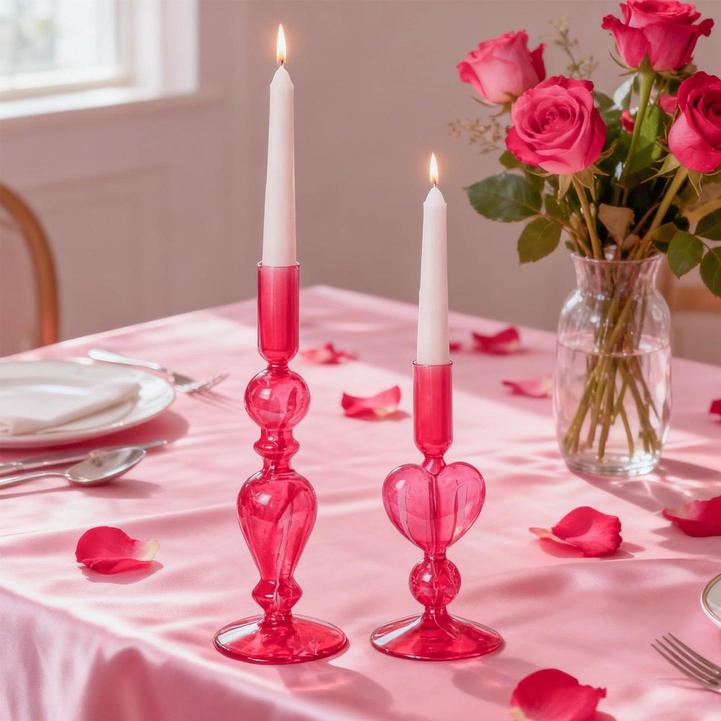 DN DECONATION Pink Glass Candle Holders Set of 2 – Heart Taper Candle Holders for Valentine's Day, Candlestick Holder Wedding Decorations, Farmhouse Home Coffee Table Decor & Housewarming Gifts