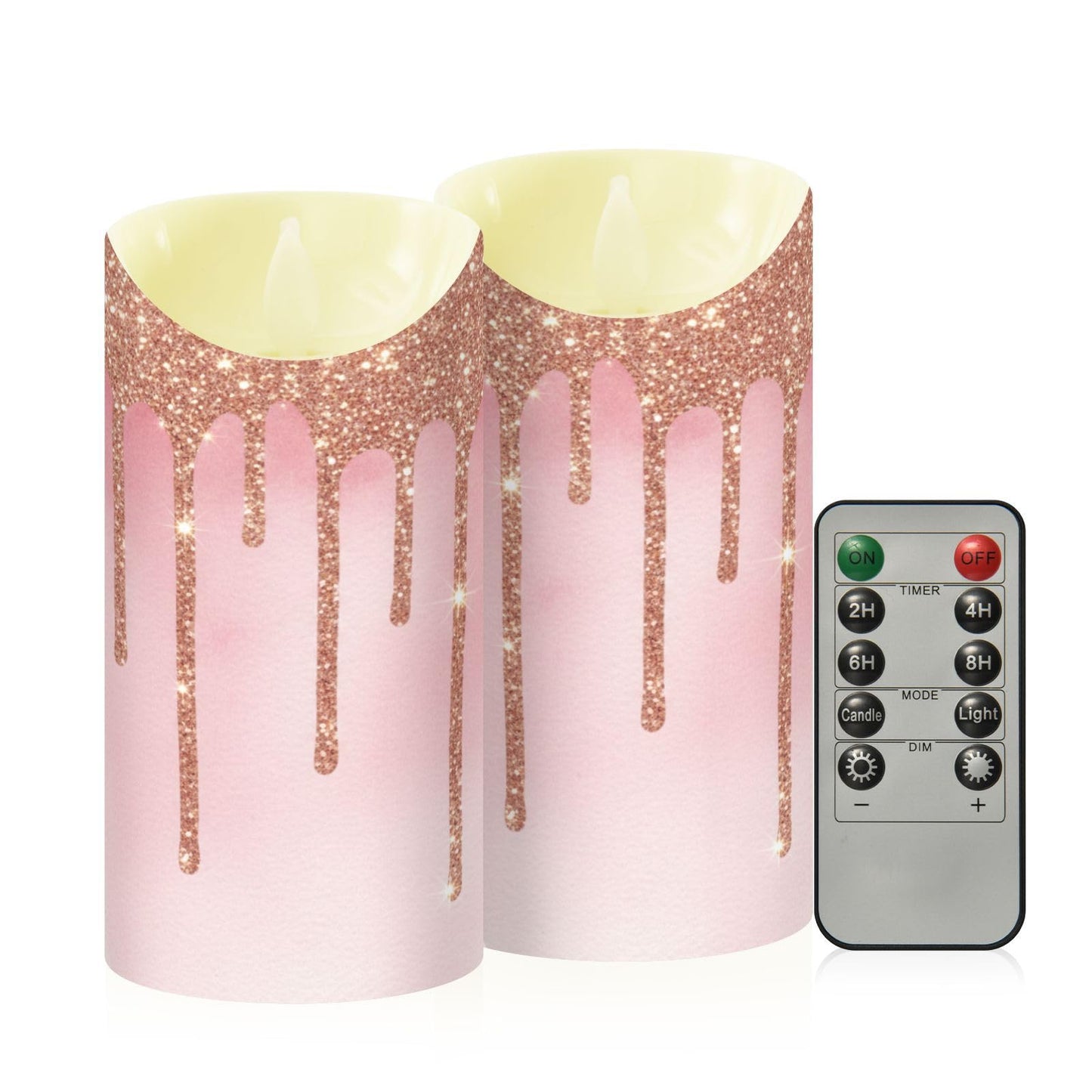 Flameless Candles Set of 2 Rose Gold Pink Glitter Drips Realistic LED Candles with Remote Battery Operated Holiday Decorations