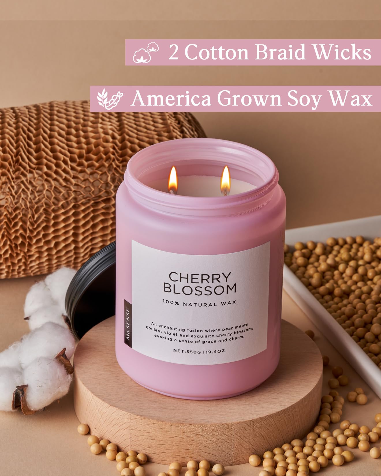 M&SENSE Large Cherry Blossom Scented Candle, 19.4oz Natural Soy Wax, 110-Hour Long Lasting, Non-Toxic Clean Burn, Spring Floral Scent for Relaxation, Home Fragrance Stress Relief Gift for Her