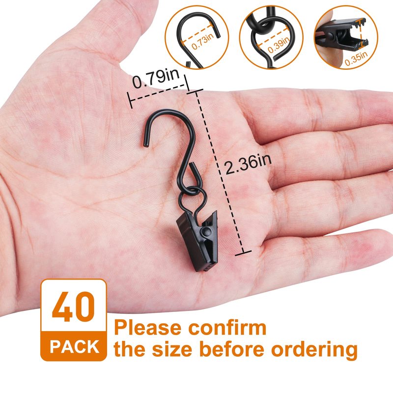 40 PCS Curtain Clips with S Hooks for Outdoor String Lights, Stainless Steel S Hooks with Clips for RV Awning and Gutter Lights (Black)