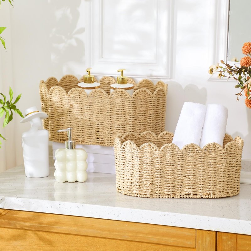 Kritkin 2 Pcs Scalloped Basket Set Hand-woven Baskets with Scalloped Design, 16 x 10 x 7 Inch & 14 x 8 x 6 Inch for Living Room Bedroom Laundry Nursey Storage
