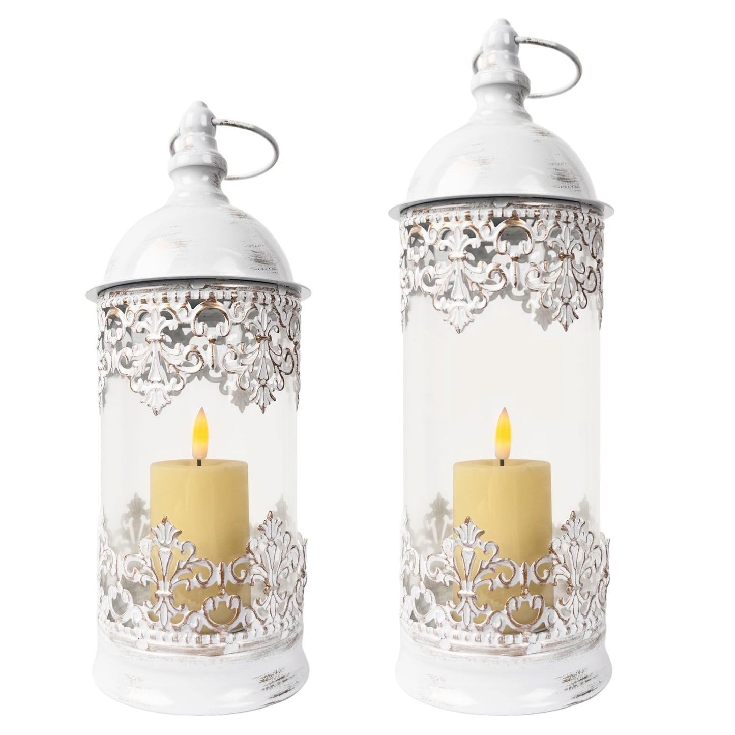 HiSnug Candlestick Holders with Flameless Candles - Gothic Vintage Hurricane Candle Holder, Portable Wind Lamp Barn Lantern Suspended Candleholders for Table Shelf Balcony Eaves, 2PCS, S+L, White