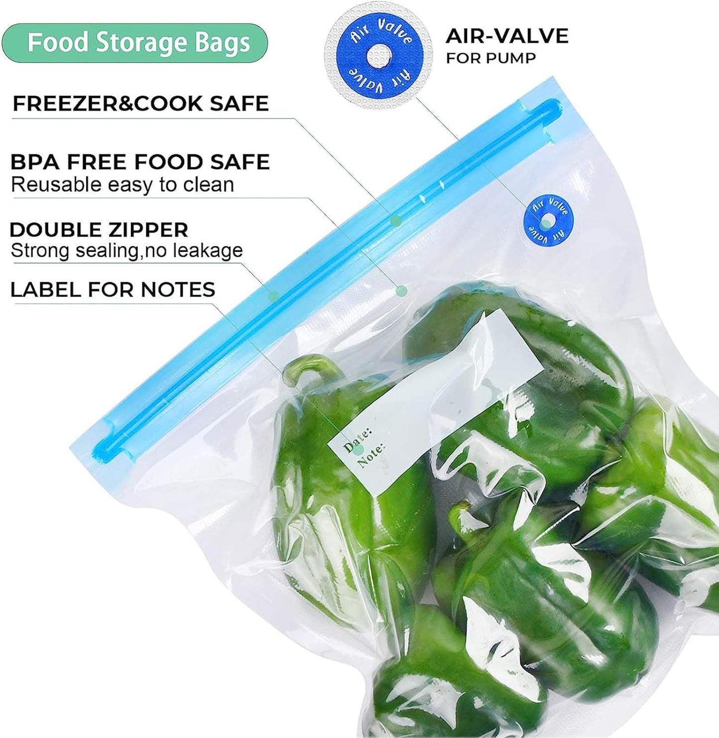 Reusable BPA Free Vacuum Sealer Bags (8.5 * 8.5in), 31 Pcs (24 Pcs Vacuum Zipper Bag & 2 Seal Clips & 5 Air Valves), Plastic, Clear, Double Zipper Seal, Microwaveable, Food Storage, Cooking