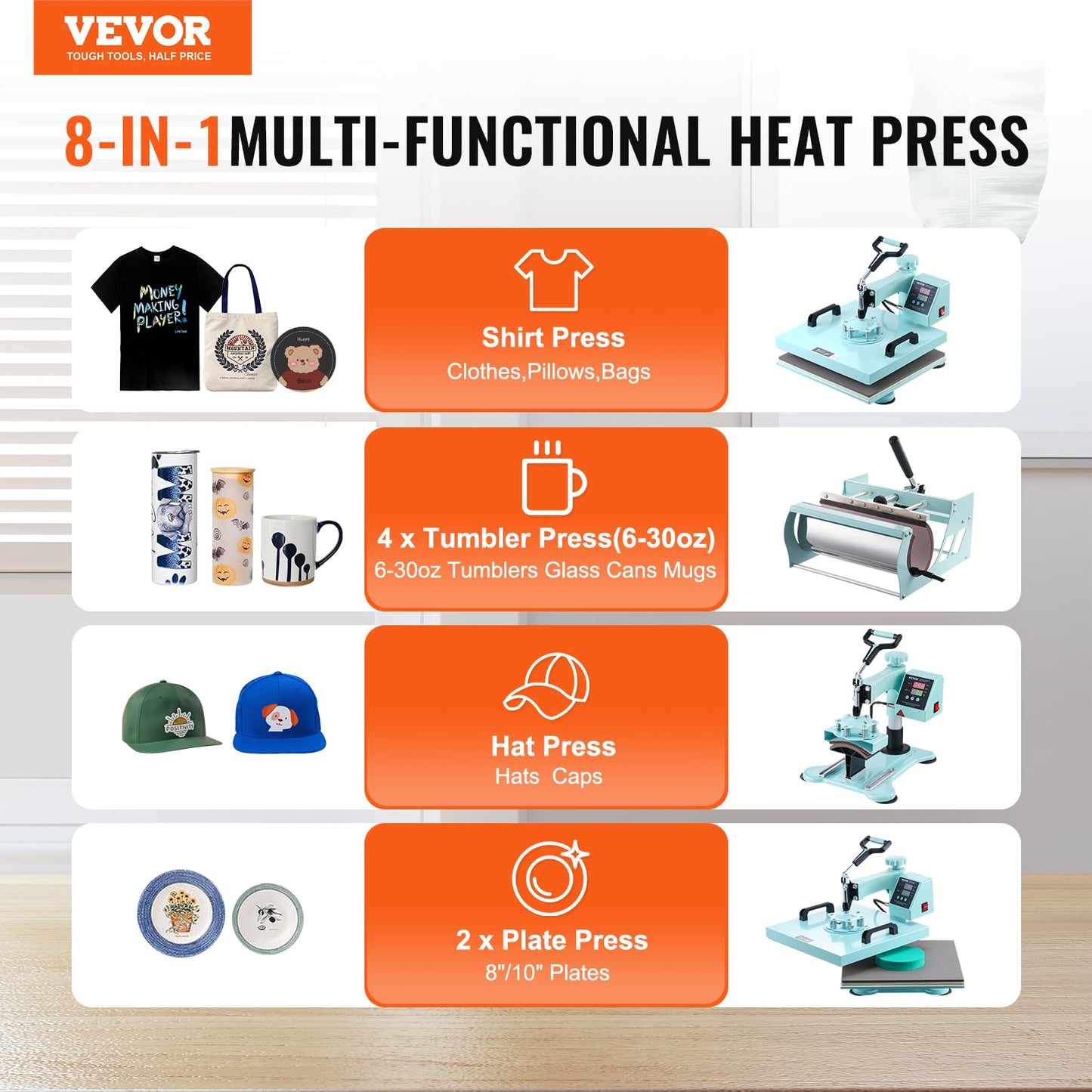 VEVOR 15x15 Heat Press Machine 8 in 1 Combo with 30 OZ Tumbler Press & Hat Press, Slide Out Heat Press Sublimation Machine for T-Shirts, Hats Caps Tumblers Glass Cans Mugs, and Plates (Light Green)