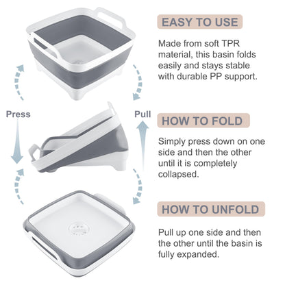 2.4 Gal(9L) Collapsible Dish Basin with Drain Plug, Space Saving Outdoor Multiuse Foldable Sink Tub, Dishpan, Kitchen Storage Tray for Camping, Vegetable Washing, RV (Gray)