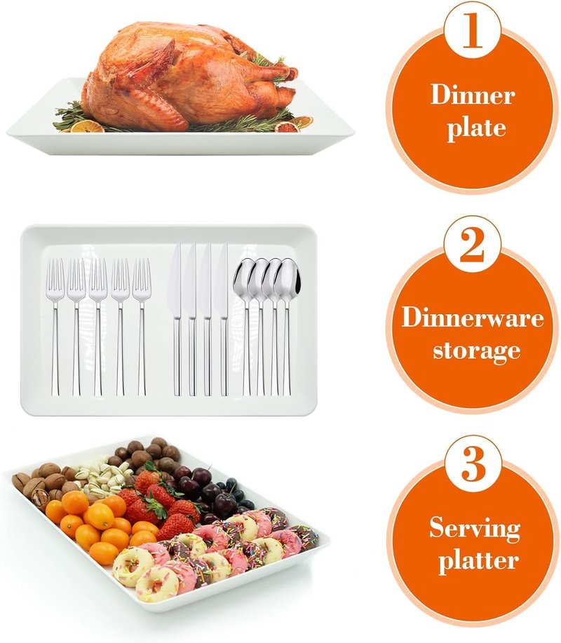 AMGBZT Serving Tray Platter, 4 Pack Food Tray for Veggie Fruit Snack Dessert Cookie Cheese, Food Trays for Party Supplies Display, Plastic Platters for Serving Food, Large White Trays, BPA Free