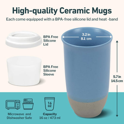 NOVA CERAMICS Travel Mug - Ceramic Coffee Mug With Lid – Microwave & Dishwasher Safe Coffee White & Grey Tumbler - Fits In Cup Holder – 16oz – Coastal Drift