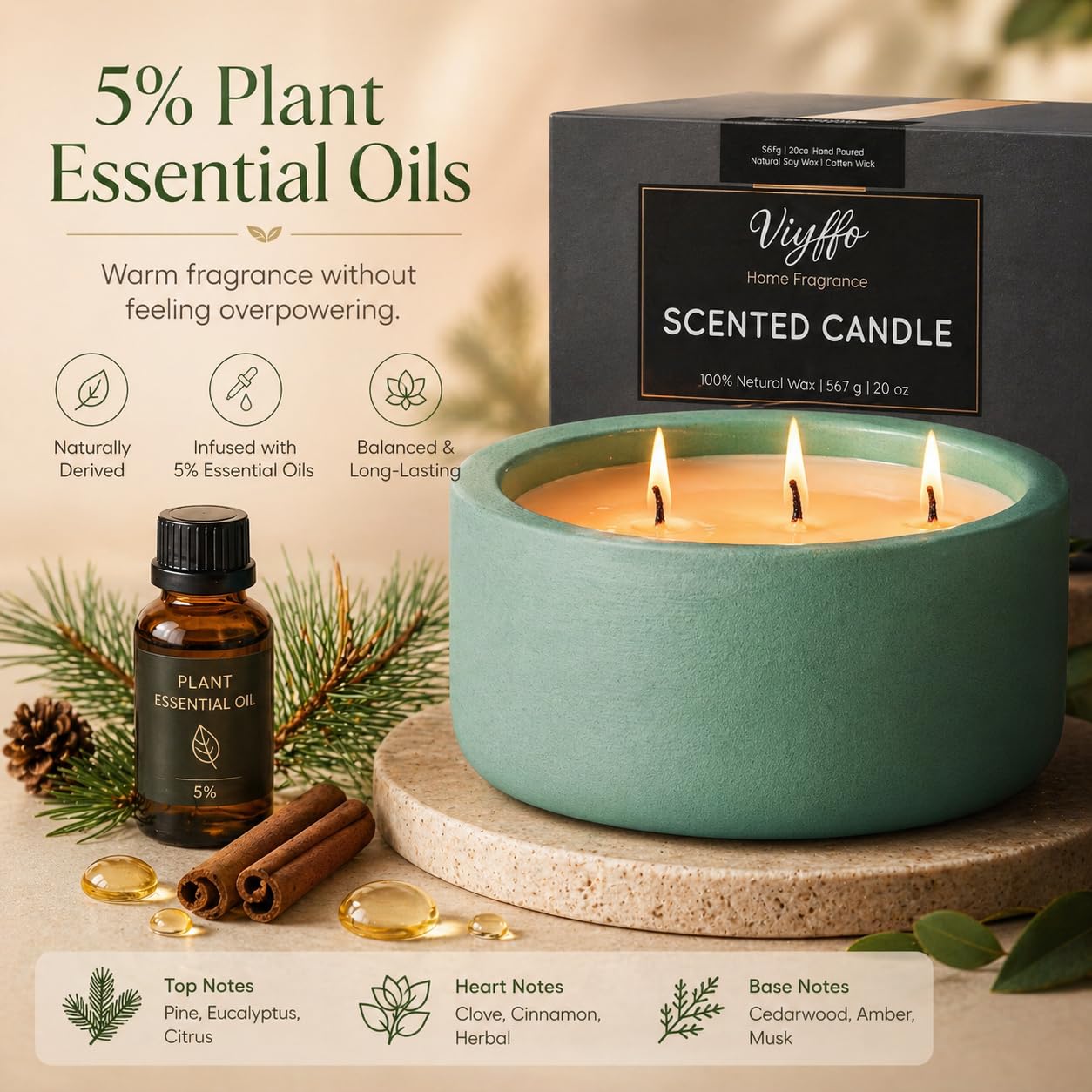 Viyffo 3 Wick 20oz Large Green Scented Candle – Pine & Cinnamon, Non Toxic Soy Candle for Women & Men, Matte Ceramic Jar, Perfect Luxury Home Fragrance, Elegant Décor & Premium Gift