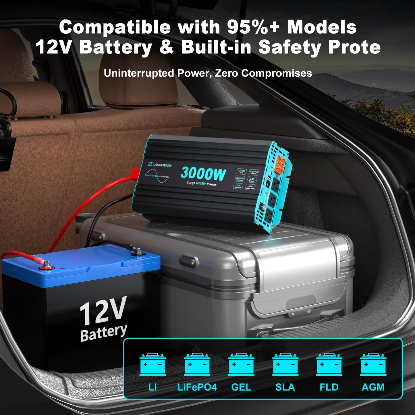 LANDERPOW 3000 Watt Pure Sine Wave Inverter 12V DC to 120V AC for RV, Truck, Solar, Home, Off-Grid, Power Inverter with 3 AC Outlet, 30W USB-C, 5V 3.1A USB, Hardwire Port, Remote Control, Surge 6000W