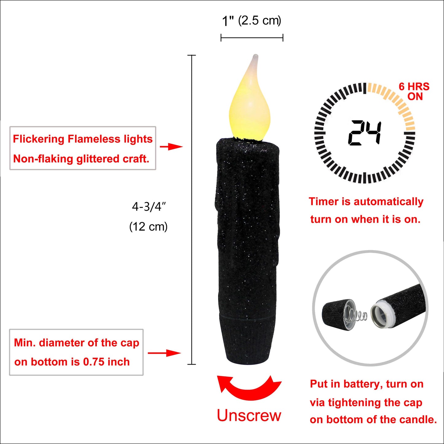 CVHOMEDECO. Glitter Flameless Candles Flickering Battery Operated LED Taper Candles with Timer for Home, Wedding, Halloween, Christmas Decor. Black, 4-3/4 Inch, Set of 2