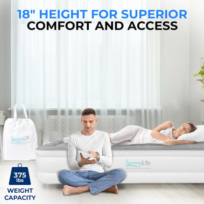SereneLife Twin Air Mattress with Built in ComfortCoil Technology & Internal High Capacity Pump | Elevated Raised Air Mattress Quilt Top | 1-Year Guarantee, Gray