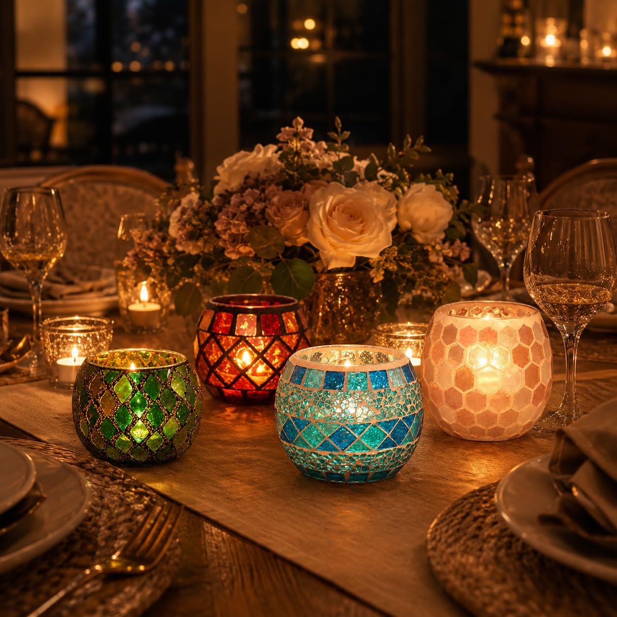 Votive Candle Holder Tea Lights - Glass Candle Holders, Mosaic Tealight Candle Holder, Candle Jar Cup for Wedding Centerpiece Party Table Decorations, Valentines Day Decor