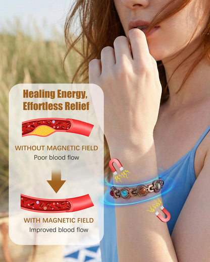Jeracol Copper Bracelet & Ring for Women, Ultra Strength Magnetic Bracelet with 3800 Gauss Magnets & Natural Turquoise & Stones, Adjustable Length Sizing Tool & Jewelry Box
