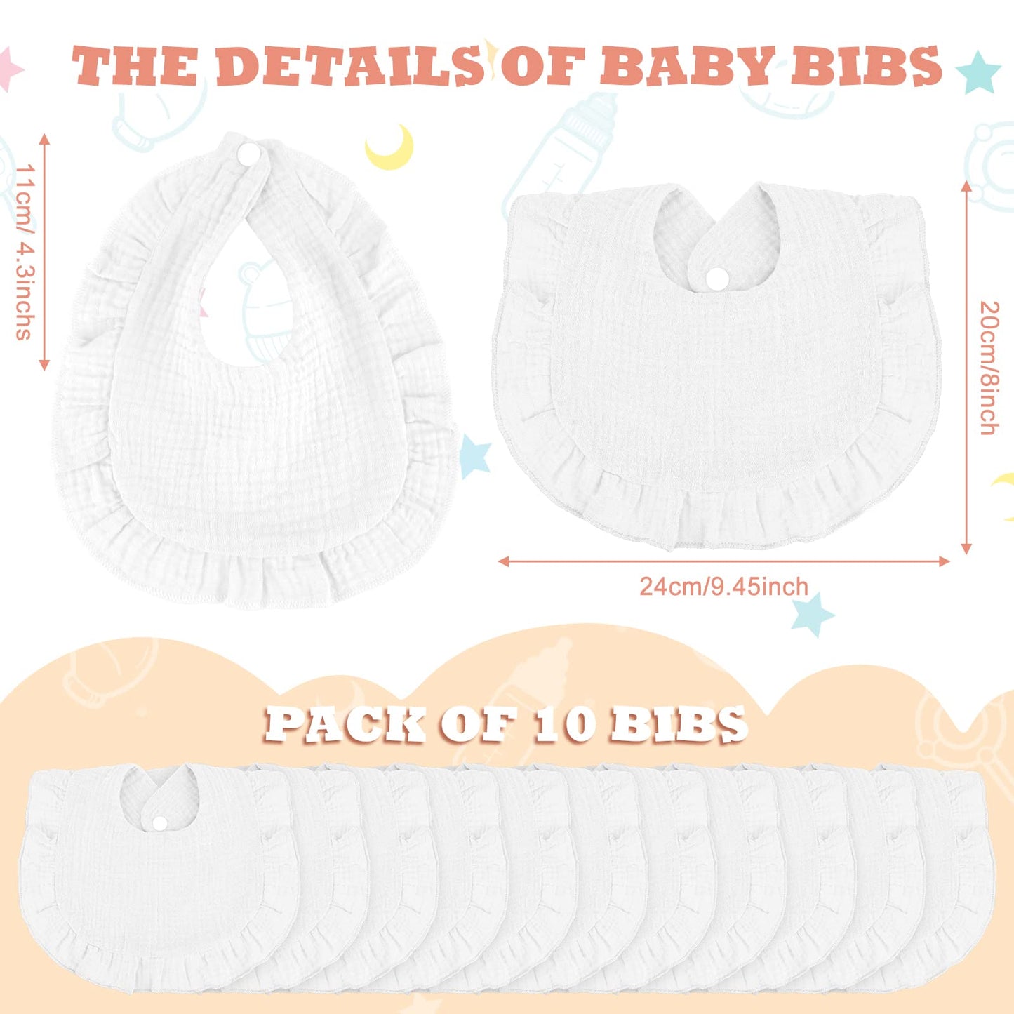 Seematn 10 Pcs Baby Muslin Bibs Drool Bibs Bandana Ruffle Soft Cotton for Newborn Baby Infants Girl Teething Toddlers Boy(White)