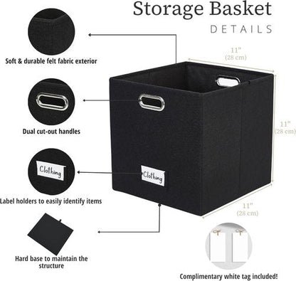 DECOMOMO Black Storage Bins - 11-Inch Cube Felt Baskets with Labels | Set of 6 for Organizing