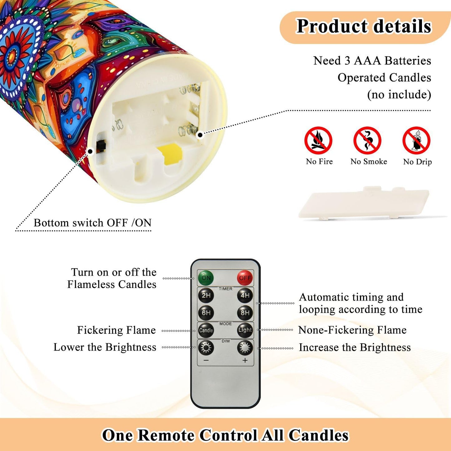 Gravopti Mandala Pattern 2 Pack Flameless LED Pillar Candles with Remote & Timer, Battery Operated, Flickering Wax Candle for Wedding, Romantic Home & Party Decor