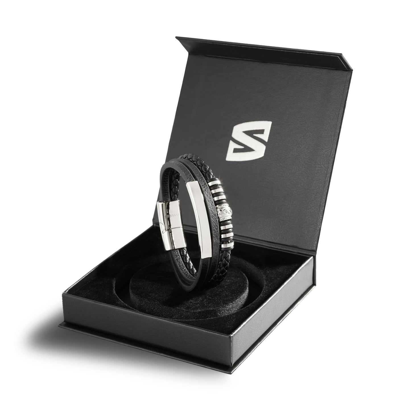 SERASAR 8″ Silver Leather Bracelets for Men Mens Cowhide Gift Box Braided Bracelet Stainless Steel Jewelry Wrist Band Cuff Wrap Rope Bangle Dad Pulseras para Hombres Cuero Regalo
