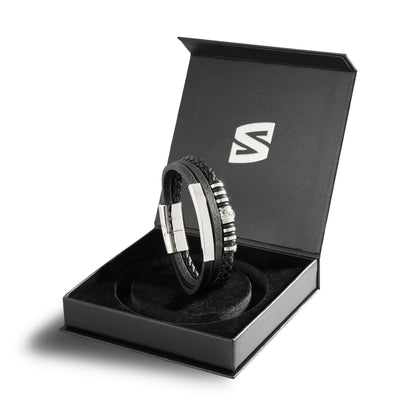 SERASAR 8″ Silver Leather Bracelets for Men Mens Cowhide Gift Box Braided Bracelet Stainless Steel Jewelry Wrist Band Cuff Wrap Rope Bangle Dad Pulseras para Hombres Cuero Regalo