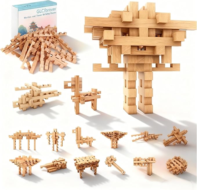 15 in 1 STEM Wooden Building Blocks -15+ Shapes 3D Puzzle Logic Brain Games Educational Toys Gift for Kids and Classroom Montessori STEM Toys for Ages 5+ to Adults