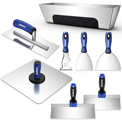 Rhibak Drywall Hand Tools Kit, Drywall Knife Set with Putty Knives, Taping Knives, Aluminum Hawk, Mud Pan, Flat Finishing Trowel, Multi-Fuctional Paniter Scraper