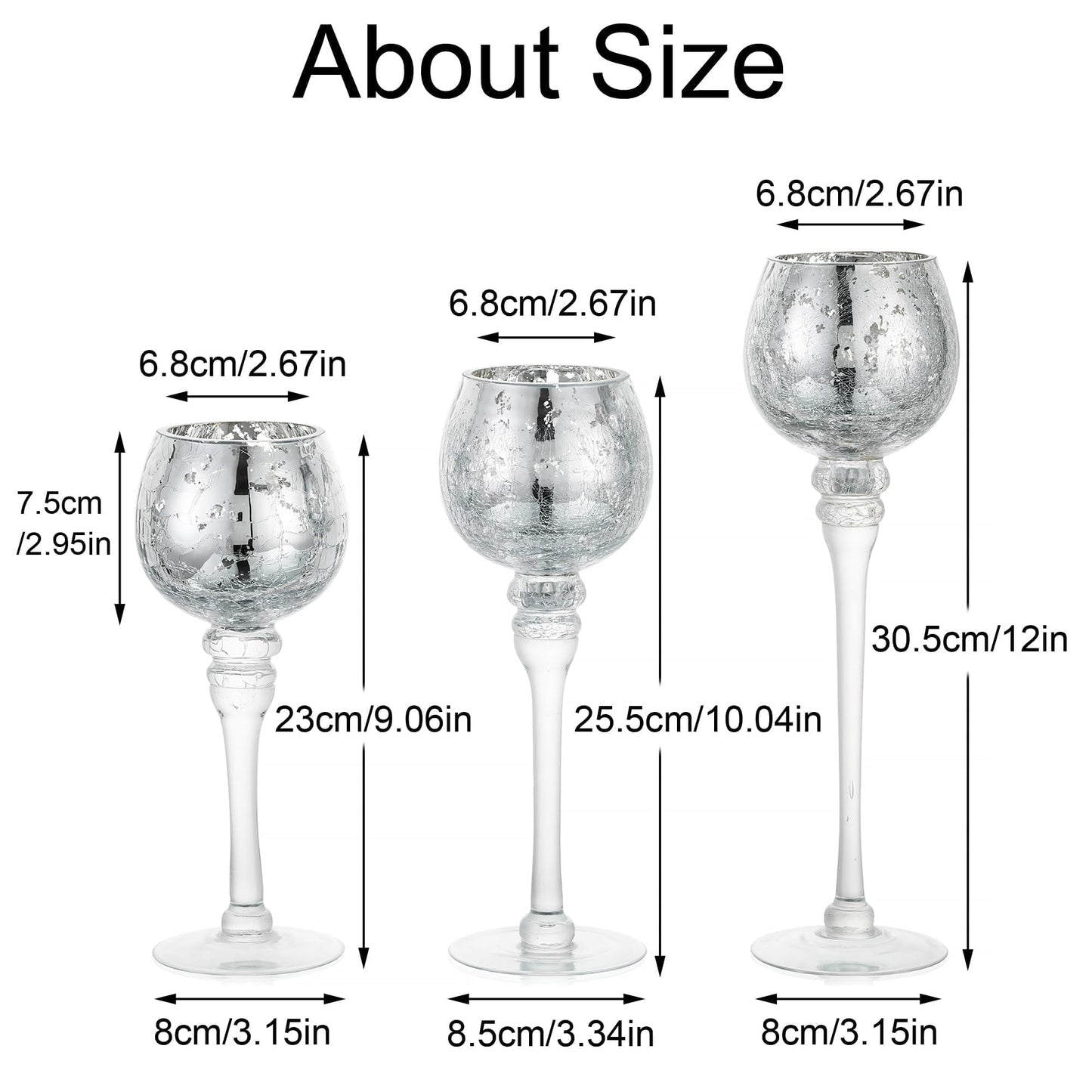 Inweder Glass Tealight Candle Holder: Silver Mercury Votive Holders 9/10/12 Inch Tall Long Setm Floating Candle Holders for Christmas Dining Table Centerpiece Wedding Party Set of 3