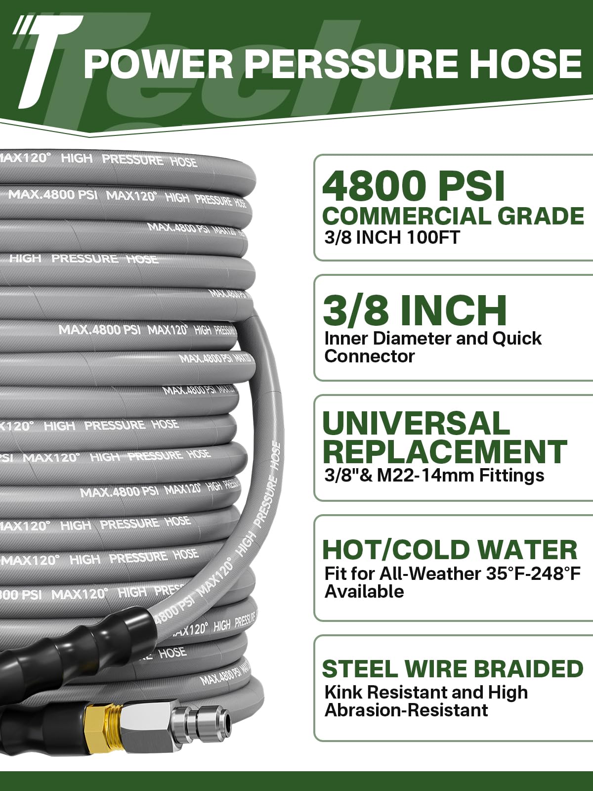 TechSweepPro 3/8" 4800PSI Pressure Washer Hose 100FT with Swivel Quick Connect for Cold/Hot Water Max 248°F, Kink Resistant Steel Wire Braided, Wear Resistant Power Washer Hose with M22 14mm Adapter