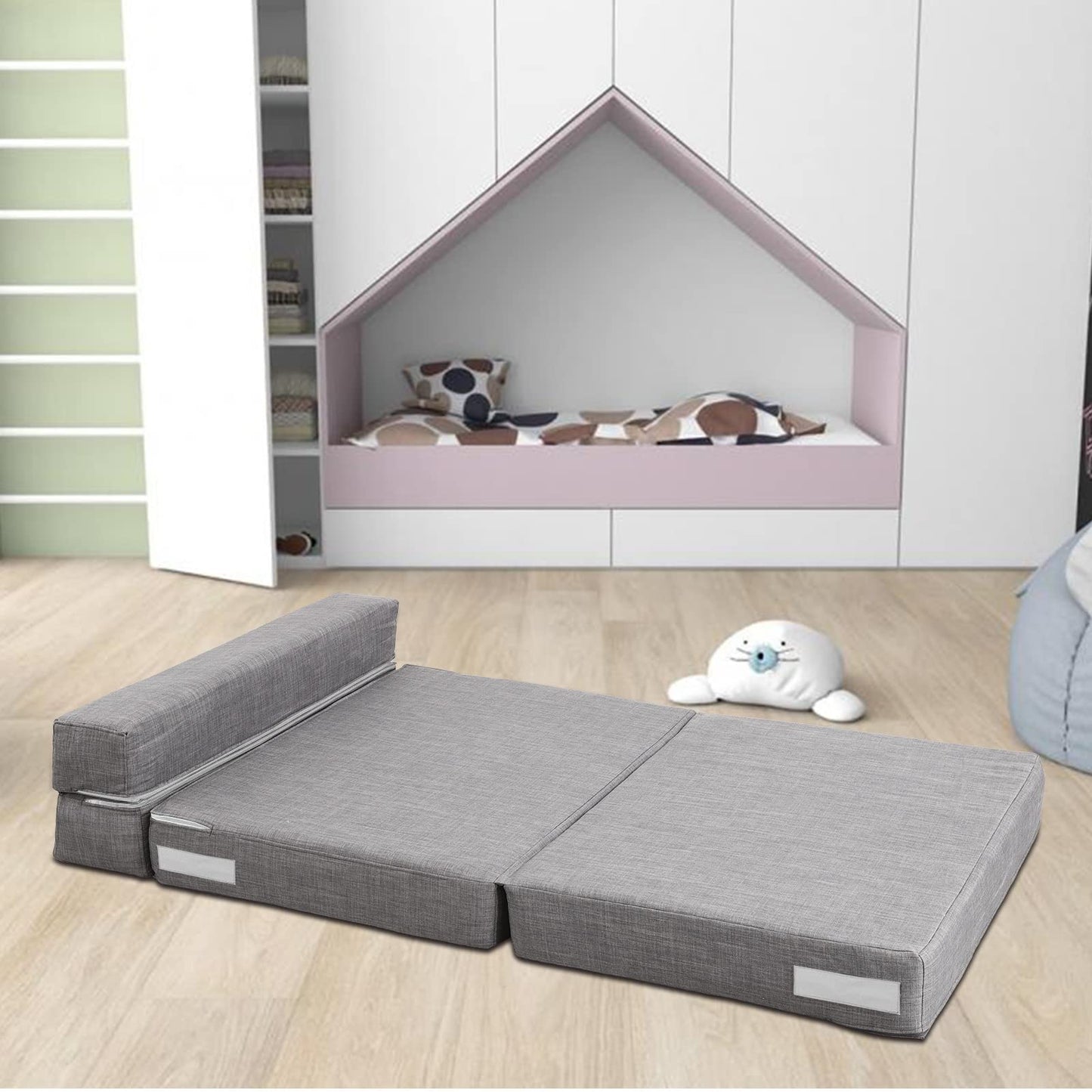 ANONER 60" Folding Sleeper Chair Sofa Bed Lazy Couch with 2 Pillows, Queen Size Memory Foam Washable Cover, Light Gray