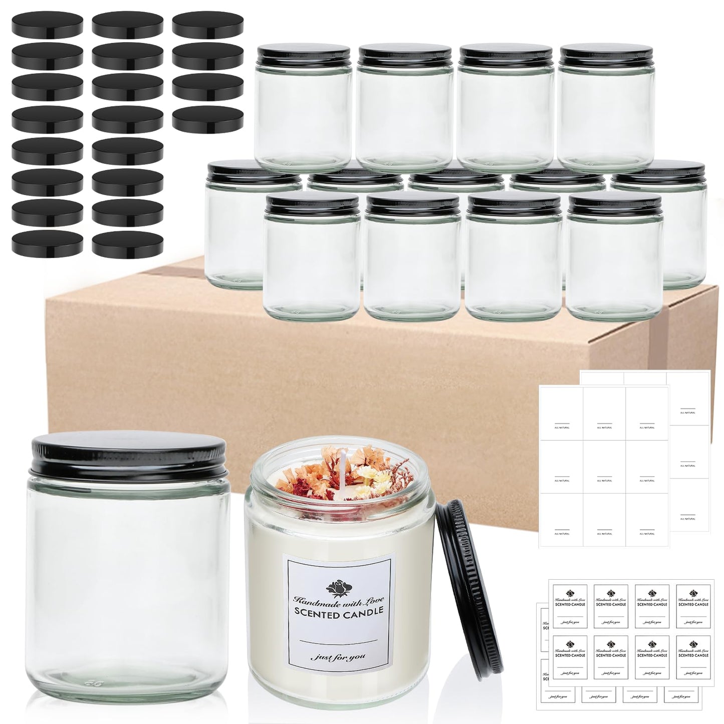 Maredash 16 Pack 8 OZ Glass Jars with Lids gift for women,Candle Jars,Glass Jar for Candles, Samples, Spices, Powders