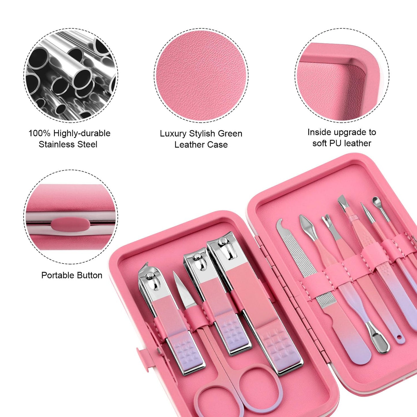 Manicure Set, Travel Mini Nail Clippers Kit Pedicure Care Tools, 10pcs Stainless Steel Grooming kit (Pink)