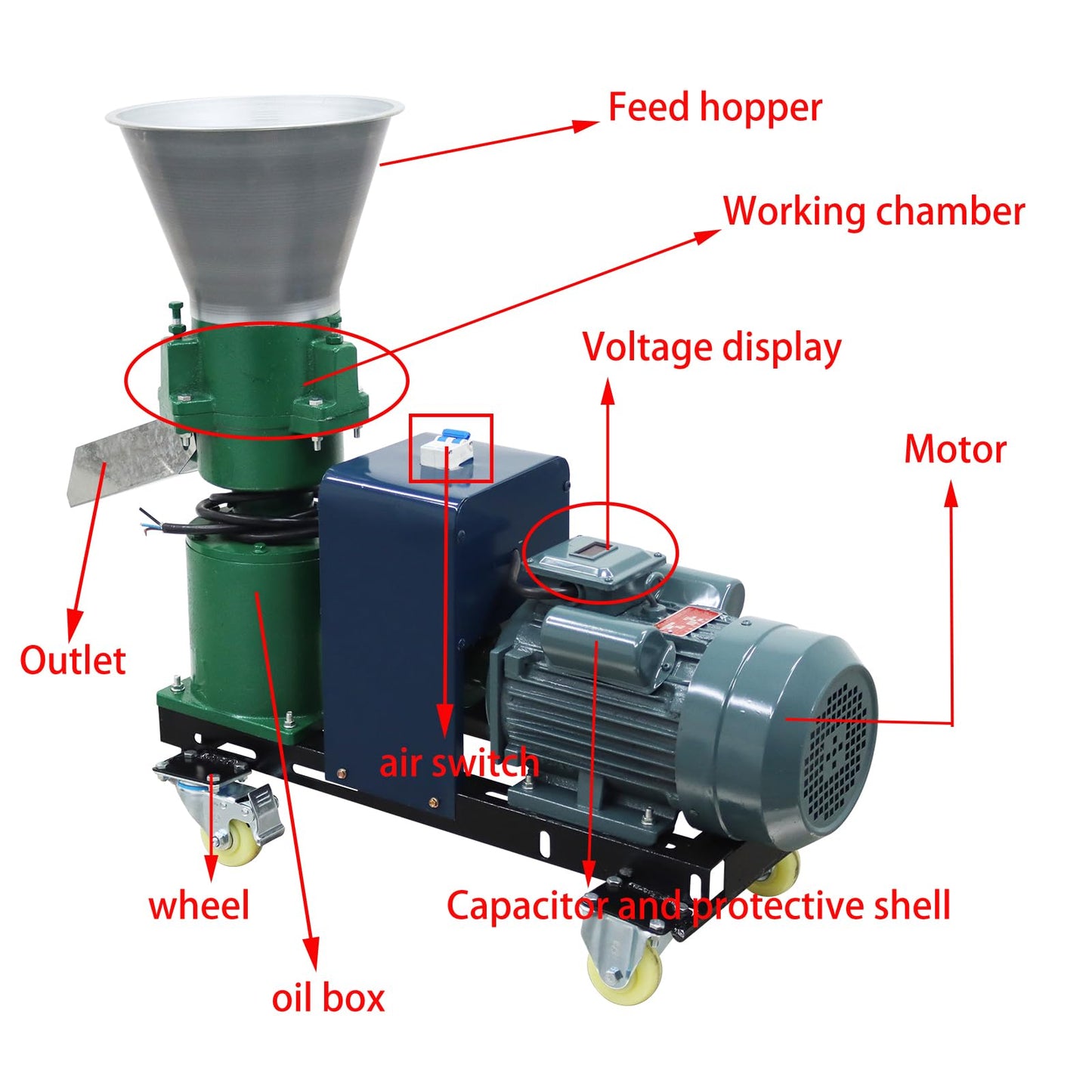 Banfluxion 220V Pellet Mill Machine with 4mm Holes Plate Poultry Food Mill Grinder Feed Pellet Making Machine with Three Head Rollers for Chicken, Duck, Goose and Rabbit, 4.5KW 120-150KG/H