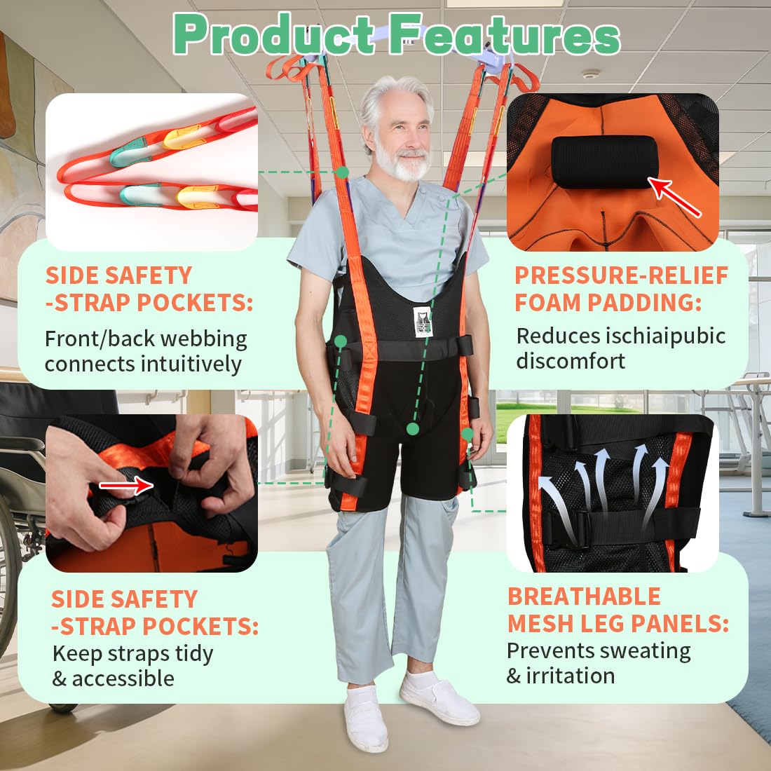 EHUCONELDEX Patient Lift Walking Sling with 4-Way Stretch Fabric,Lift Sling for Standing Support & Mobility Assistance, Padded Patient Transfer Sling for Elderly & Rehabilitation Use(Black, Small)