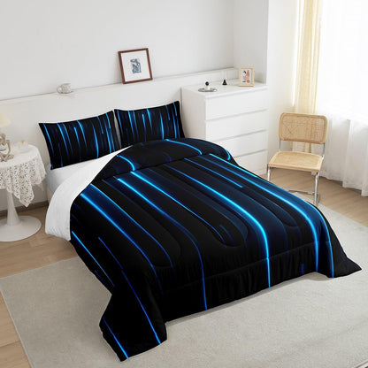 Feelyou Kids Blue Black Striped Comforter Set Twin Size Geometric Abstract Ombre Bedding Set for Boys Girls Teens Bedroom Modern Decor Comforter Women Men Quilt Set