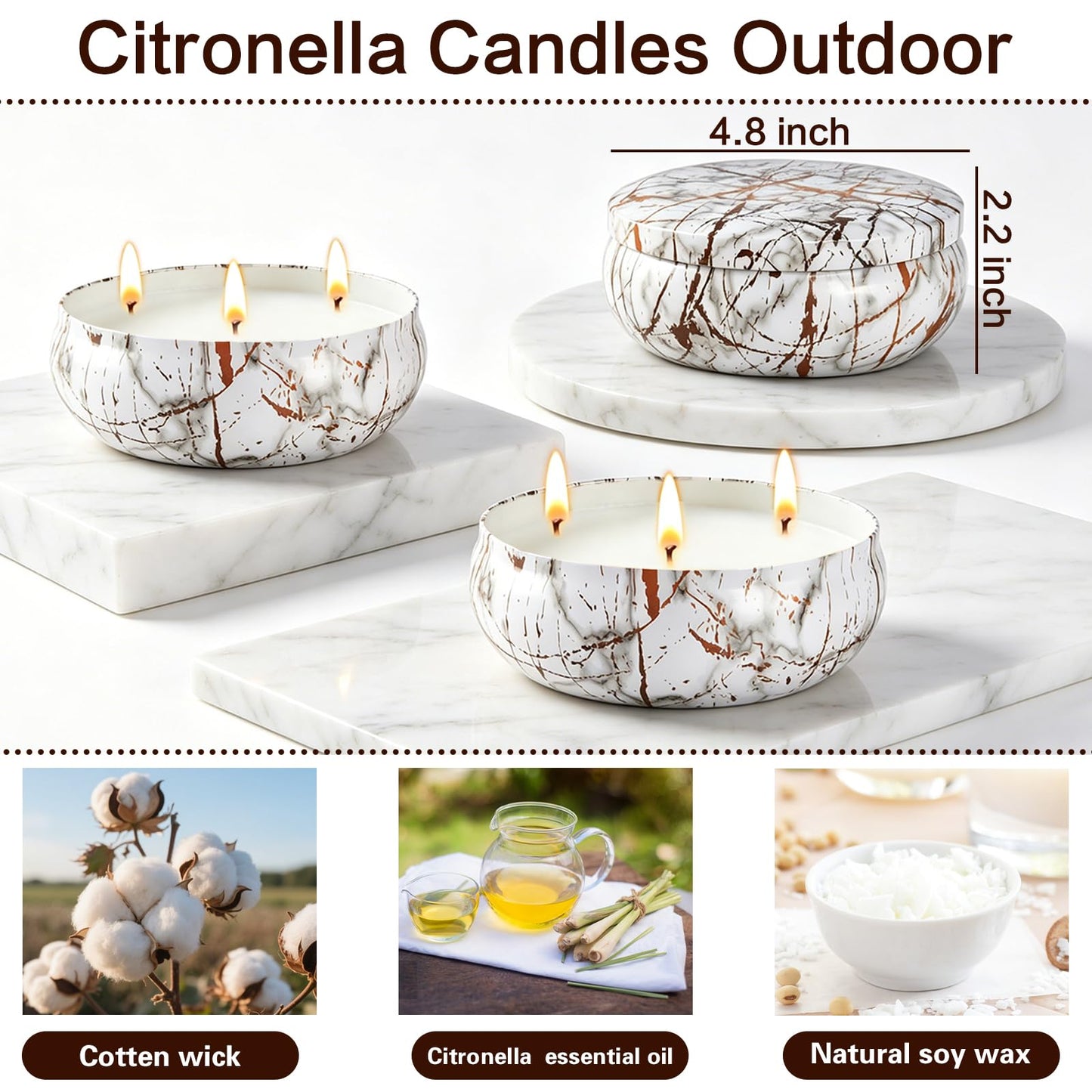 Citronella Candles Outdoor, 3 Pack Large Citronella Candle for Patio, 12oz, 3 Wick Soy Wax Candle, Long Lasting 240 Hours Total for Backyard Camping Deck Garden, Summer Indoor Outside Home Use