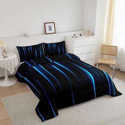 Feelyou Kids Blue Black Striped Comforter Set Twin Size Geometric Abstract Ombre Bedding Set for Boys Girls Teens Bedroom Modern Decor Comforter Women Men Quilt Set