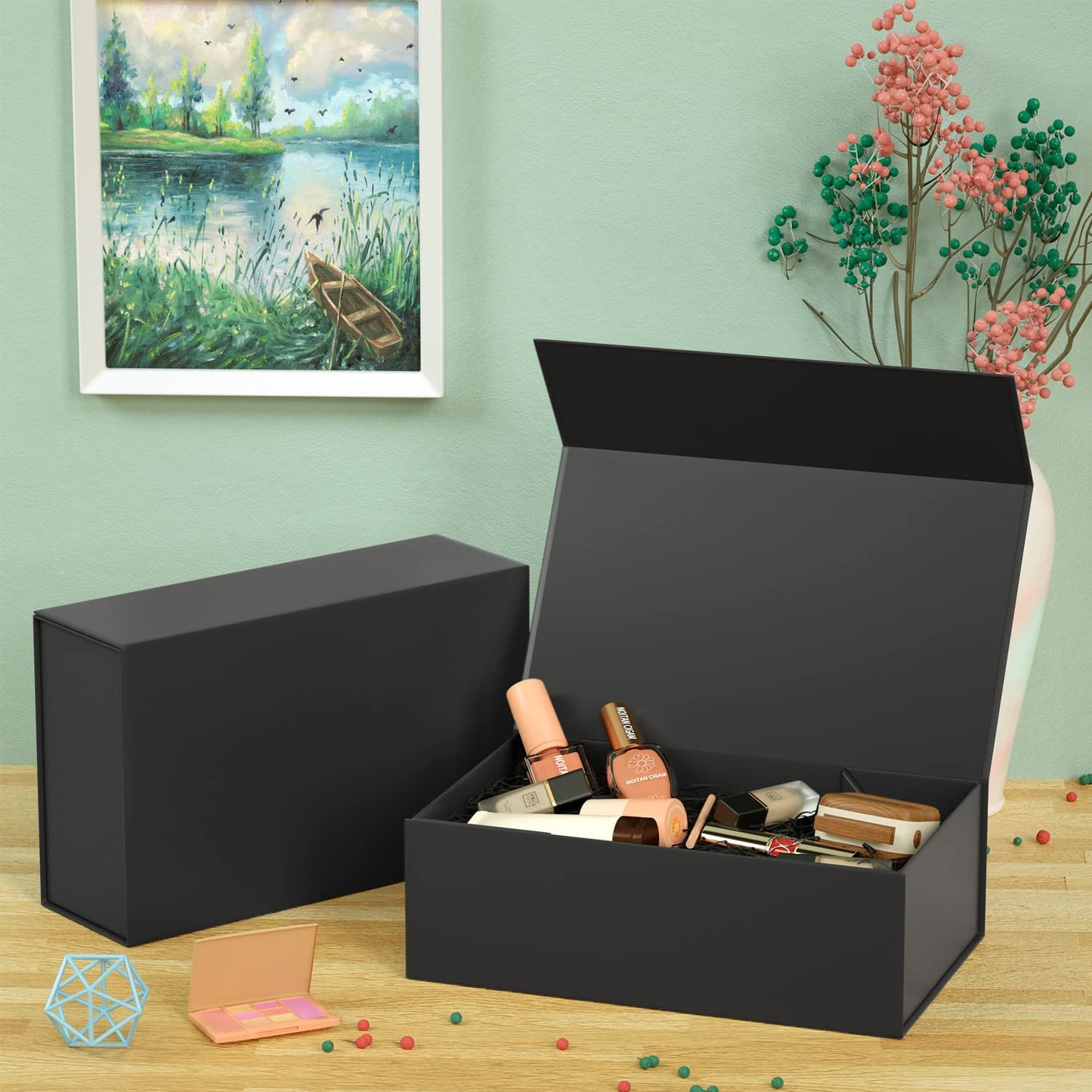 RYDDOY Black Gift Box, 9.5x6x3'' Gift boxes for Presents with Lids Magnetic Closure Rectangle Collapsible for Groomsman Proposal Box, Wedding, Christmas, Halloween, Birthday Gift Packging