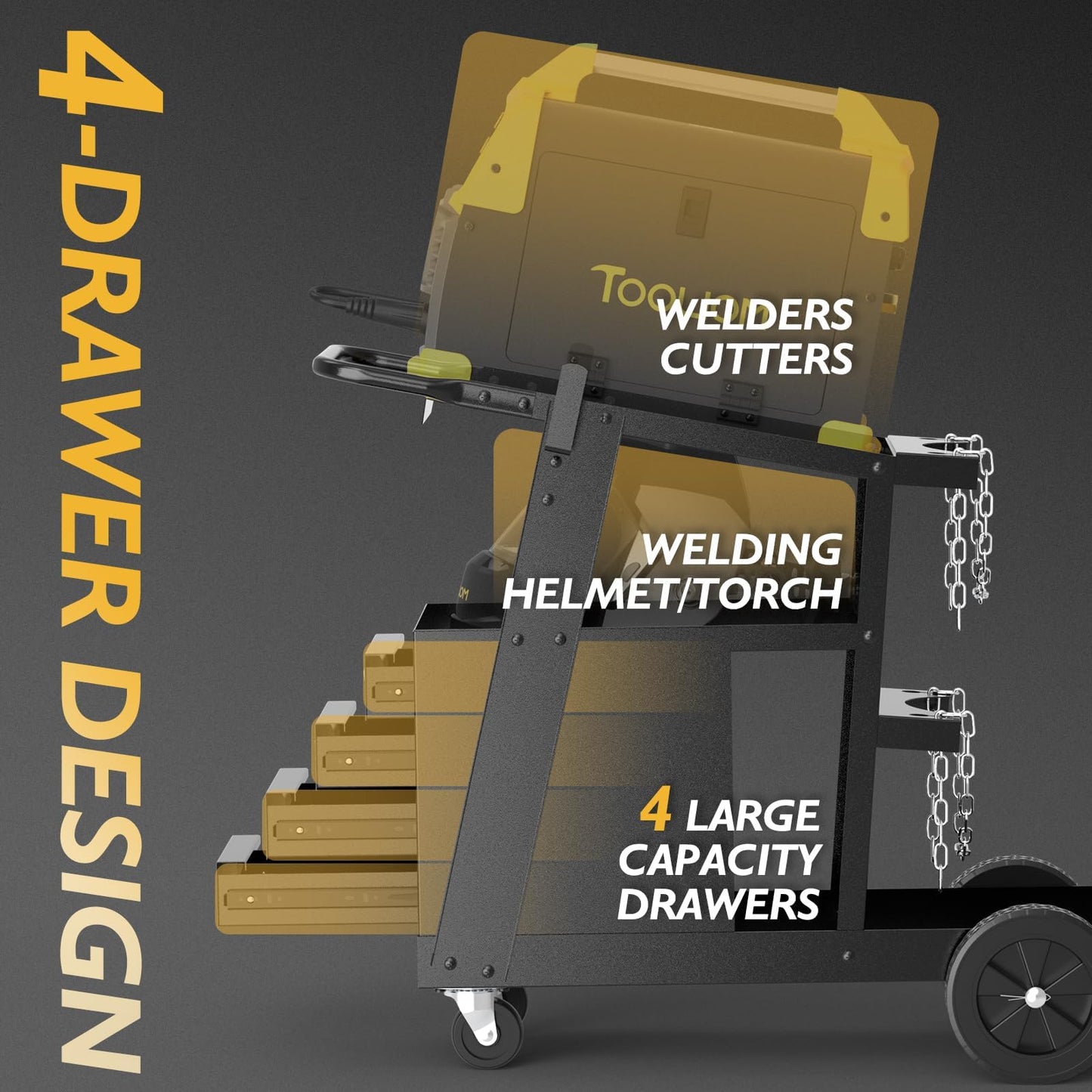 TOOLIOM Welding Cart with 4 Drawers Cabinet,Rolling Welder Cart for TIG MIG Welder and Plasma Cutter 360° Swivel Wheels Welding Trolley