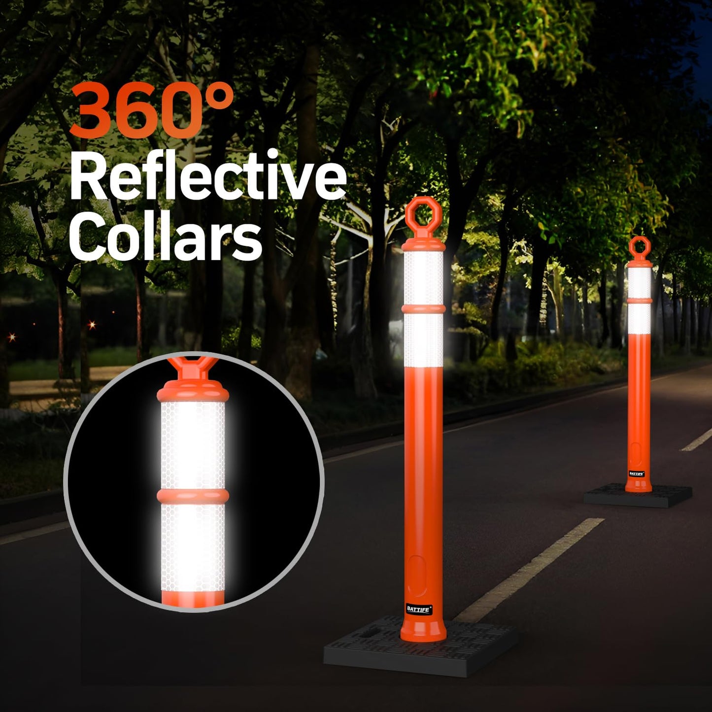 BATTIFE 6 Pack 42 Inch Orange Traffic Delineator Posts with Reflective Collars and Base, Safety Cones for Construction Zones and Driving Practice