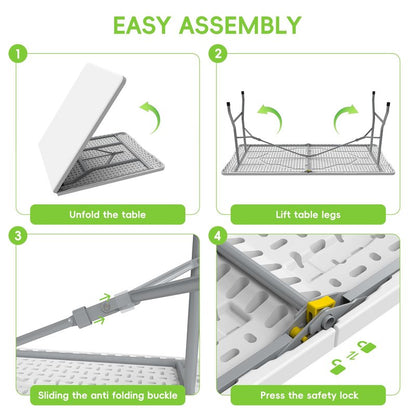 HLPB Folding Table - 2 Pcs, 6 ft Portable Camping Table with Handle and Safety Locks, Foldable Plastic Dining Table for Indoor/Outdoor Use, Perfect for Picnics and Parties
