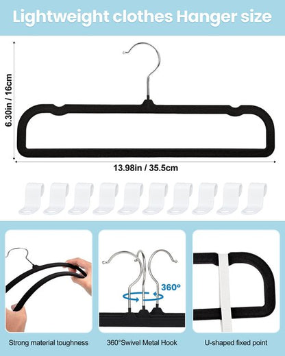 HGYZE Velvet Pants Hangers with Non Slip Bar, 20 Pack Felt Trouser Hanger, Perchas Terciopelo, Percha para Pantalones with 360° Swivel Hook for Spaghetti Strap Dresses, Shorts, Jeans, Slack, Black