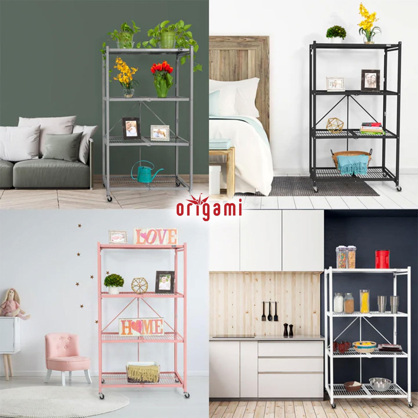 Origami R5 4-Shelf Heavy-Duty Folding Storage Rack, Pewter - Large Foldable Metal Shelving Unit with Wheels for Garage, Pantry, Basement, Laundry Room or Warehouse