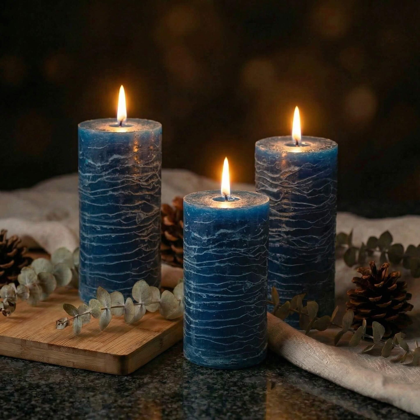 Richland Set of 3 Pillar Candles 3" x 6" Unscented (Navy Blue Rustic) for Weddings Home Holidays Relaxation Spa Church